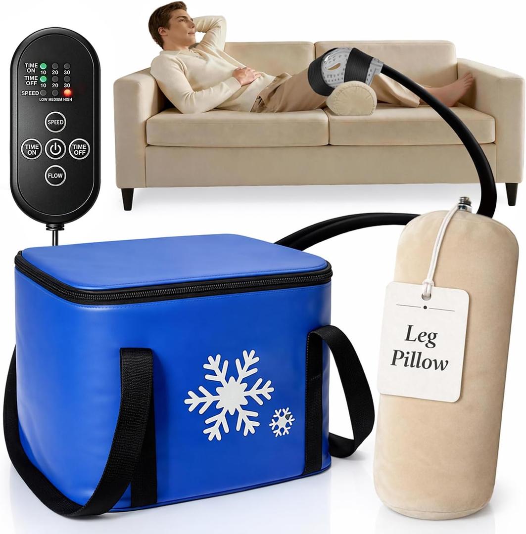 Ice Machine for Knee After Surgery with Inflatable Leg Elevation Pillow, Portable Cold Therapy Machine with Timer & Compression Pad for Hip and Knee Replacement Recovery