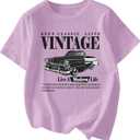 Women's Graphic Letter Tee Crew Neck Drop Shoulder Trendy Summer T Shirt Short Sleeve Vintage Car Print Top (Purple, S)