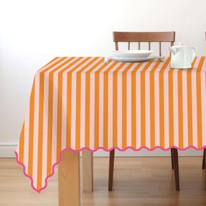 Whaline Scalloped Edge Orange Pink Striped Tablecloth Waterproof Fabric Tablecloth Rectangle Table Cover for Home Kitchen Table Decoration, 55 x 70 Inch