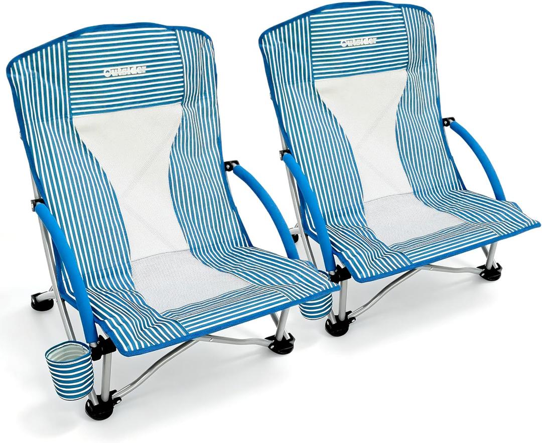 OUTSIDER Low Beach Chair for Adults, 300 lbs Heavy Duty Lightweight Folding Beach Chair with Center Mesh Back for Breathable Support, Cup Holder, Portable Camping Chair for Beach & Outdoor 2PCS