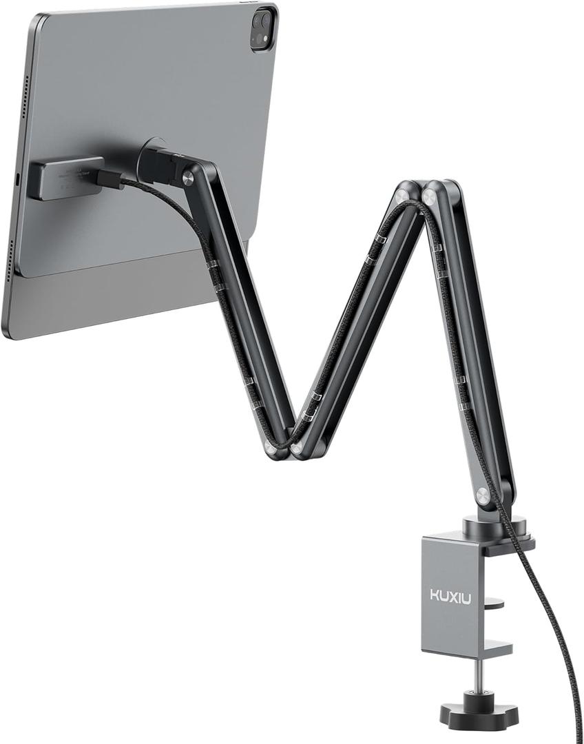 Magnetic Wireless Charging Stand for iPad Pro 11" M4 (2024) Only, Aluminum Alloy Arm Mount 360 Adjustable Tablet Holder for Working, Three-Section Foldable Desktop Stand with 2M USB C Cable
