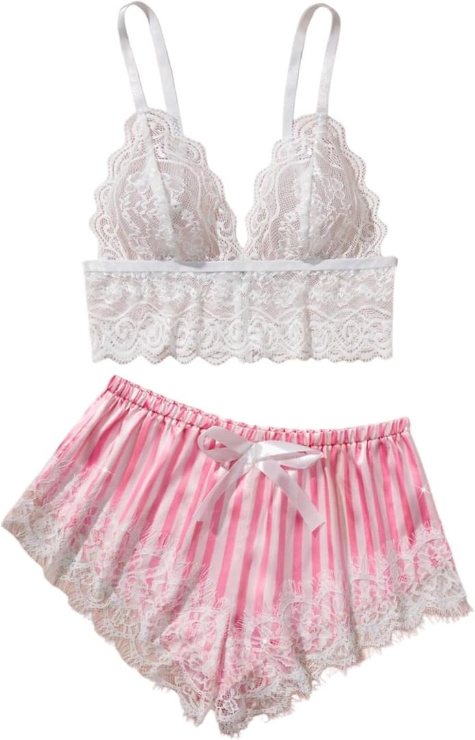 WDIRARA Women's 2 Piece Lingerie Pajama Sets Lace Bralette Striped Satin Shorts Pjs Nightwear L