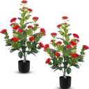 Hananona 2 Pcs Artificial Camellia Trees Faux Camellia Plant in Pot with Flowers Indoor Plants for Spring Home Decor Outdoor Porch Front Door Decor (Red, M)