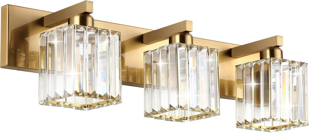 Aipsun Bathroom Vanity Light Fixtures Crystal Vanity Lighting Fixtures Brass 3 Light Bathroom Lighting (Exclude Bulb) (Gold) 23 Inch 