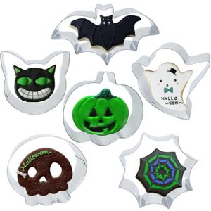 2 x Halloween Cookie Cutters, 6Pcs Cookie Cutters Holiday Shapes Molds Pumpkin, Ghost, Spider Web, Bat, Cat Head, Skull Cookie Cutters with Decorating Instructions (Silver)