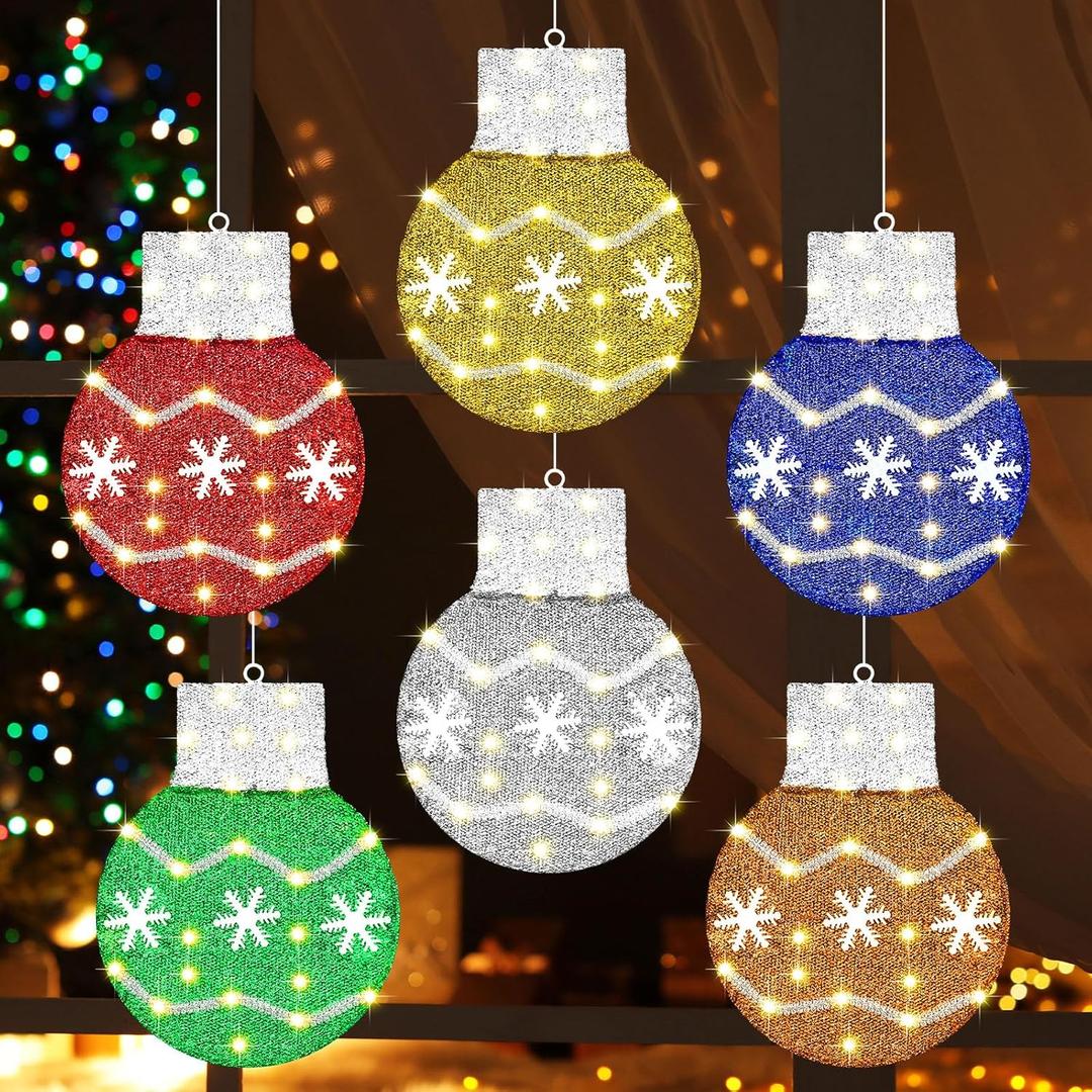 6 Pcs 12 Inch Christmas Window Silhouette Lights Decorations Christmas Ball Lights Wreath Large Metal Window Decor LED Battery Operated with Suction Cup for Xmas Window Glass Wall Decor