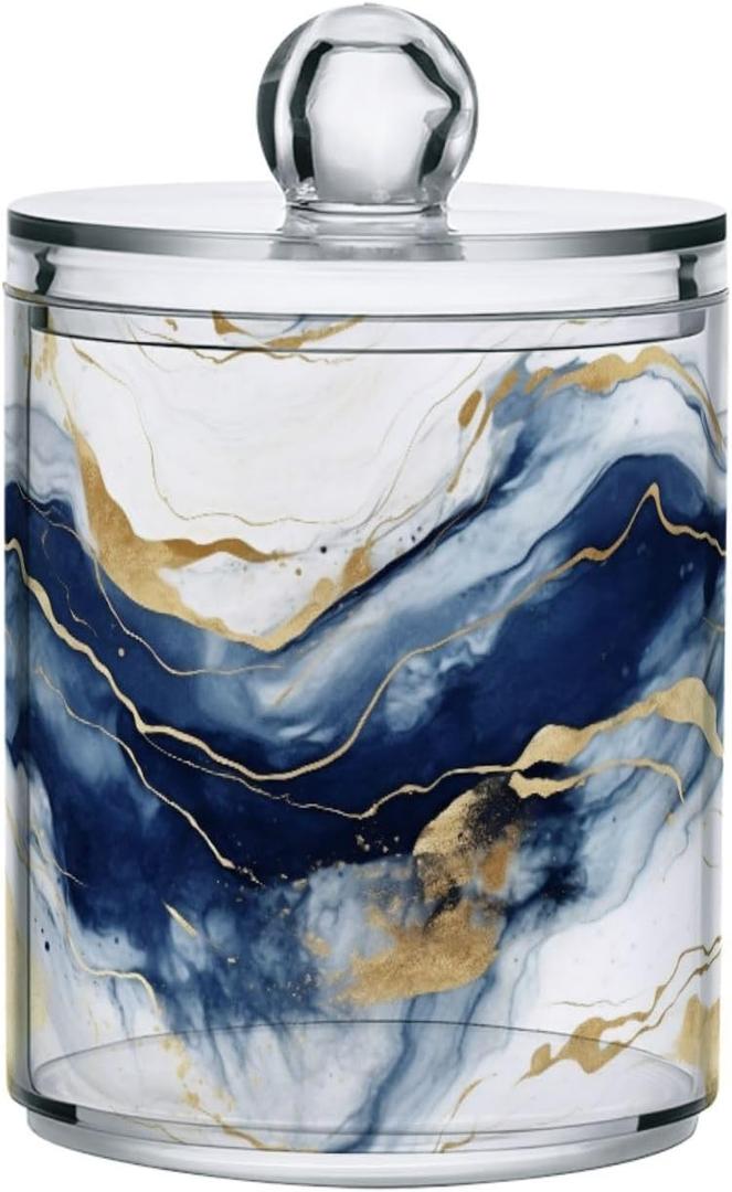 MNSRUU 2 Pack Qtip Holder Organizer Dispenser Marble Blue Gold Bathroom Storage Canister Cotton Ball Holder Bathroom Containers for Cotton Swabs/Pads/Floss