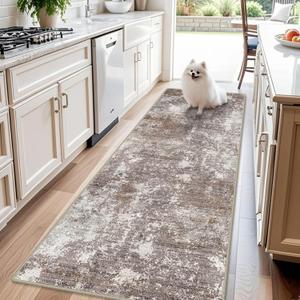 3x8 Non-Slip Washable Hallway Runner Rug Abstract Modern Neutral Wide Carpet Runner for Kitchen, Entryway, Bedroom, Living Room with Rubber Backing Low-Pile Thin Soft Throw Rug (Brown Beige,3x8)