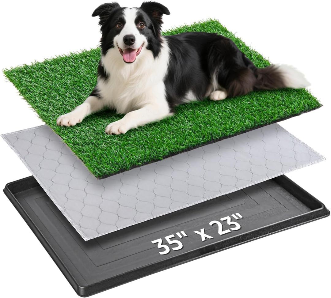 Portable Dog Grass Pad with Tray 35''x23'', Dog Litter Box with Artificial Grass Patch & Washable Reusable Pee Pad for Puppy PottyTraining, Pet Loo Indoor Outdoor Use for Balcony Patio Apartment