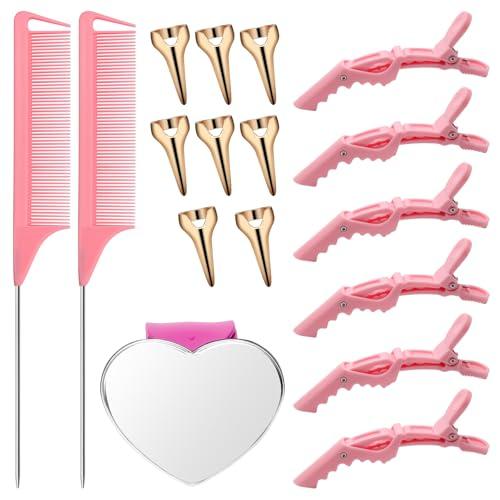 Coldairsoap 17 Pieces Hair Parting Tools Set Heart, Included 8P Hair Parting Ring 2P Metal Rat Tail Comb 6P Hair Sectioning Clip with 1P Magnetic Wrist Sewing Pin Holder for Braiding (Pink)