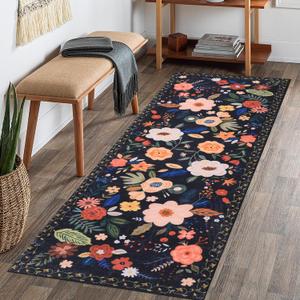 BALAPET 2x6ft Runner Rug for Hallways With Rubber Backing - Ultra-Thin Distressed Faux Wool Non Slip Vintage Floral Print Kitchen Rug, Washable, Fit for Hallway, Bedroom (Black)