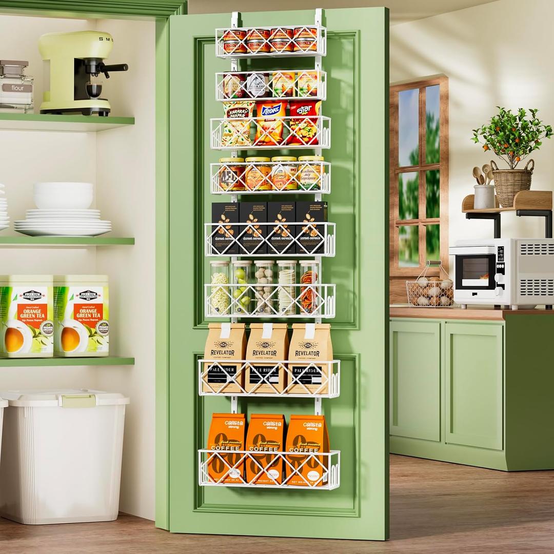 Over the Door Pantry Organizer 8-Tier Adjustable Baskets Hanging Spice Door Rack Narrow - 13.78" W x 65.16" H Behind the Door Storage for Kitchen, Bathroom, and Closet Organization-White (8-Tier White)
