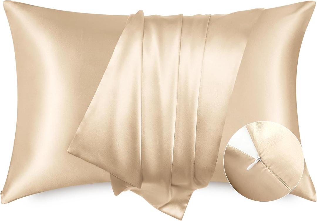 Bedsure Satin Pillowcase with Zipper, Similar to Silk Pillow Cases 2 Pack, Silky & Soft Satin Pillow Cases Standard Size for Hair and Skin, Champagne Pillow Covers, Gifts for Women Men, 20x26 Inches