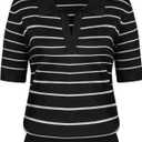 Kate Kasin Women Short Sleeve Striped Polo Sweater Tops Lightweight Summer V Neck Soft Knit Pullover Shirt, Black/White, L