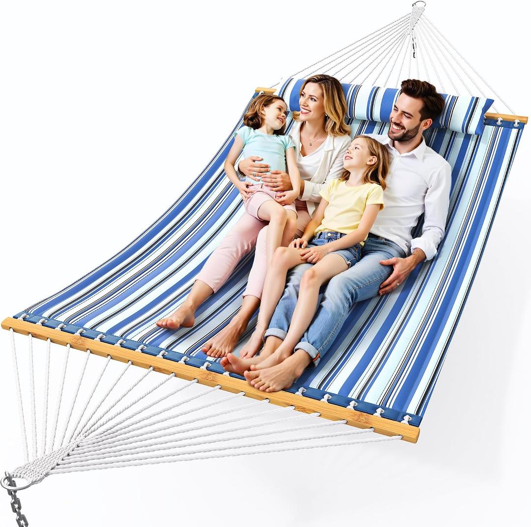 Everyfun Double Hammock with Spreader Bar,Soft Pillow,Max Load 500lbs,Portable Hammock for Outdoor,Camping,and Backyard,Blue