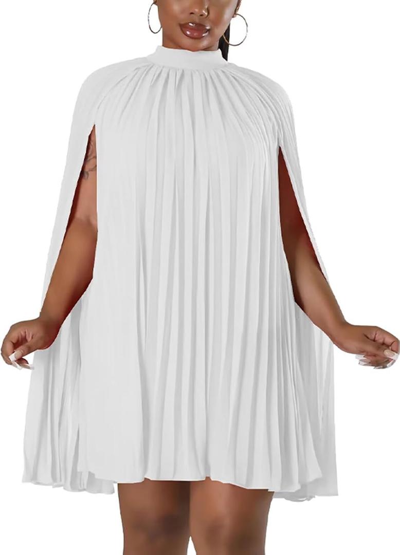 Ekaliy Women’s Casual Cape Sleeve Pleated Split Short Dress Loose Fit Cocktail Party Flowy Dress White L, 23white