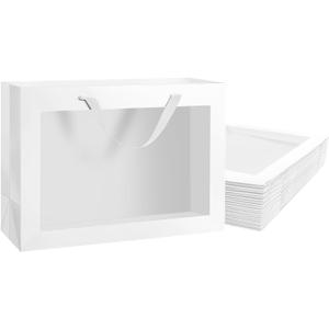 PACKQUEEN 12pcs White Gift Bags with Transparent Window, 16x6x12 Inches Extra Large Gift Bags with Handles for Wedding Graduation Mother's Day Festivals Party Present (Glossy White)