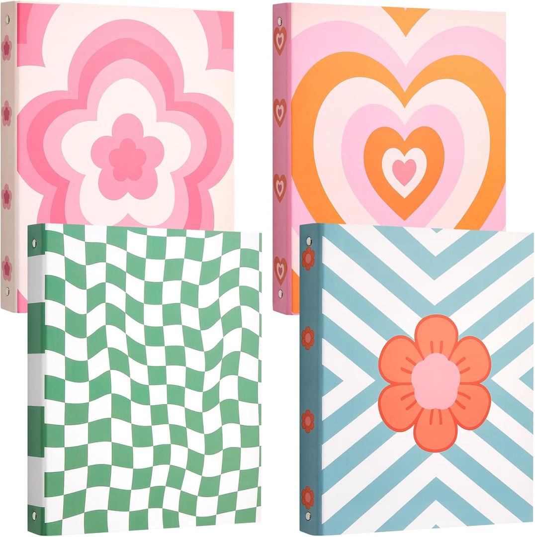 ReliThick 4 Pcs Retro Plaid Floral 3 Ring Binder, 1 Inch Round Ring with Interior Pockets, Decorative Retro Binders, Clipboard Binder, Groovy School Supplies for School Office, Letter Size (Mixed Color)