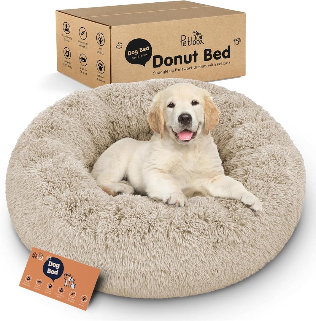 Donut Dog Bed - Premium Comfort for Anxiety Relief - Fluffy & Calming Design with Ultra-Plush Support | Cozy Round Dog Bed with Super Soft Circle Style (Beige, Small)