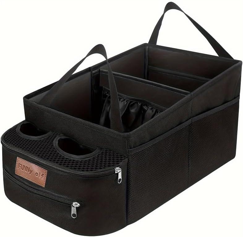 FUNNy elf Car Backseat Organizer for Cars, Collapsible Front Seat Organizer with 4 Cup Holders, Storage Pockets & Dividers, Passenger Seat Organizer for SUV, Truck, Sedan 18.1” x 10.2” x 9”