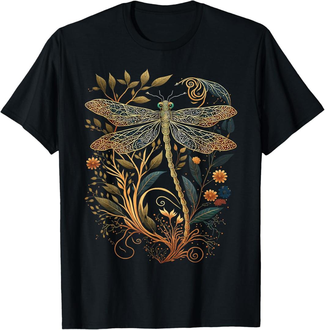Cottagecore Floral Aesthetic Dragonfly Women Girls T-Shirt (Small, Black)