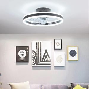 OUKANING Low Profile Ceiling Fan with Light,Modern Flush Mount Enclosed Ceiling Fan, Invisible Fan Chandelie (Black) 20"