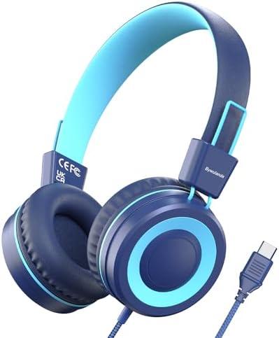 Bywulanda Upgrade USB Type C Kids Headphone for School, 94dB Safe Volume Limited, HD Stereo Sound, Foldable Lightweight On-Ear Headphones for Boys/Girls/Students/Tablet/Travel (Dark Blue), Pack of 2