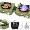 2 Propane Burners Camping Stove, 30,000 BTU Folding Camp Stove with Windproof Grates and Frying Pan, Portable Camping Stoves with Carrying Bag, Camping Essentials for Tailgating/Grilling/Coffee, Green