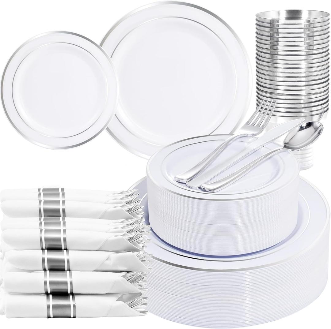 WELLIFE 210 Piece Silver Plastic Dinnerware Set for 30 Guests, Plastic Plates for Party, Include: 30 Dinner Plates, 30 Dessert Plates, 30 Pre Rolled Napkins with Silver Silverware and 30 Silver Cups