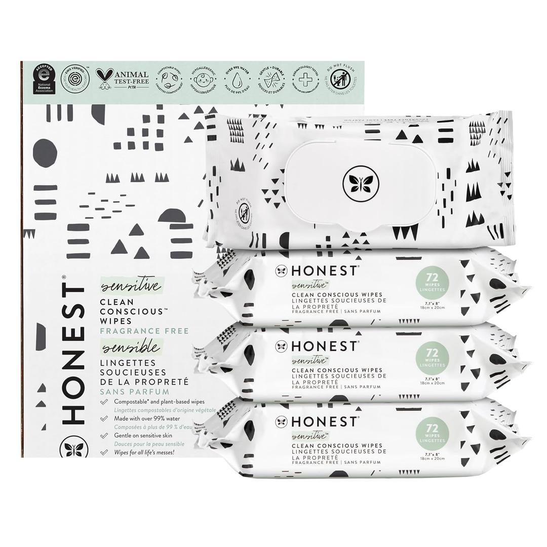 The Honest Company Clean Conscious Multi-Use Wipes | Hypoallergenic + Unscented for Sensitive Skin | Over 99% Water, Compostable, Plant Based, Baby Wipes | Pattern Play, 288 Count (72 Count (Pack of 4))
