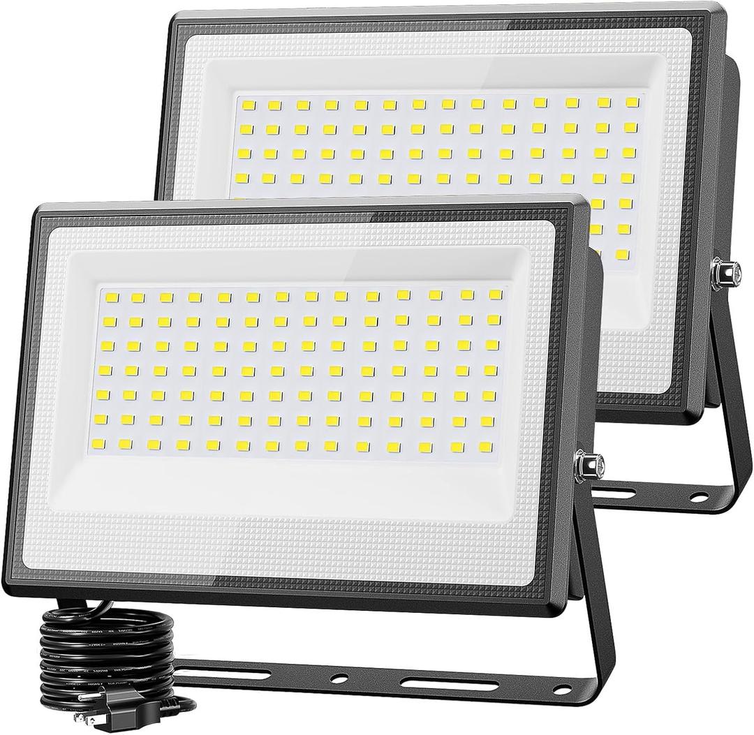 Olafus 2 Pack 150W LED Flood Light Outdoor, 15000LM Super Bright Work Lights Plug in, 6500K, IP66 Waterproof Exterior Floodlight for Stadium Yard Barn