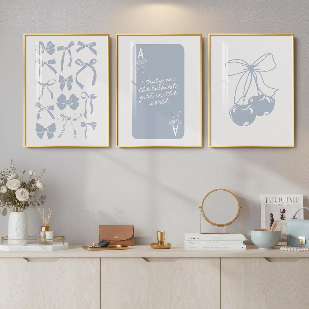 Framed Preppy Blue Wall Art for Room Decor, 3 Piece Bow Cherry Girly Artwork for Walls, Cute Aesthetic Blue Canvas Prints for Girls Bedroom Living Room Girly Room Apartment Wall Decor, 12x16 Inch