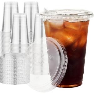 Plastic Cups with Lids 16 oz 100 pack, Clear Disposable Iced Coffee Cups with Strawless Sip Lids, Drink Cup for Cold Drinks, Iced Coffee
