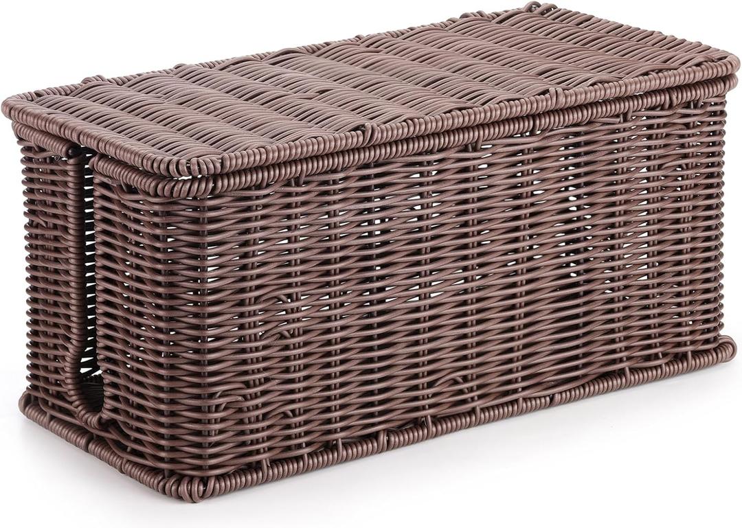 Large Cable Management Box, Handwoven Imitation Rattan Cord Organizer Cord Hider Box, Desk Cord Management Box to Hide Cords and Power Strips, Dark Brown