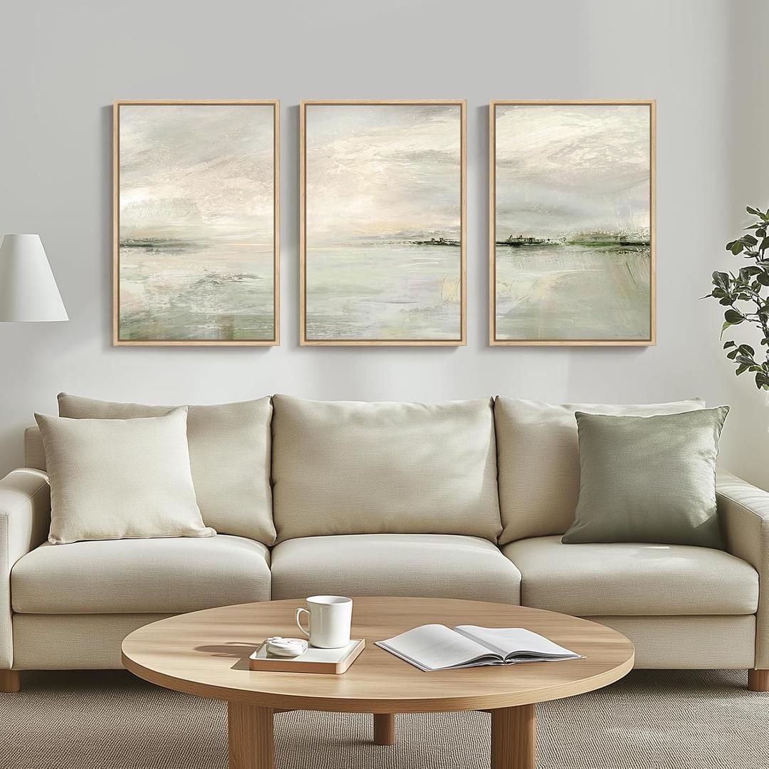 Framed Extra Large Sage Green Abstract Wall Art for Living Room, 3 Piece Modern Landscape Canvas Artwork for Walls, Minimalist Prints Wall Decor for Bedroom, Kitchen, Office, Hallway, 24x36 Inch