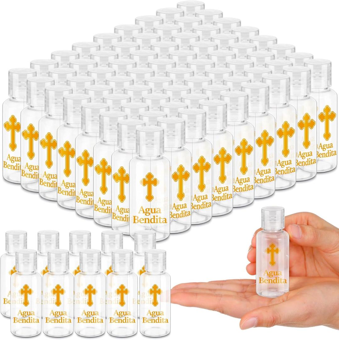 Bokon 50 Pcs Holy Water Bottles 1 oz Small Baptism Party Favor Agua Bendita Plastic Empty Containers with Golden Catholic Cross Bautismo Religious First Communion Gift for Guests Christian Church
