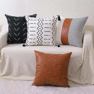 Boho Pillow Covers 18 * 18 Inch Set of 4 Modern Neutral Striped Geometric Faux Leather Farmhouse Pillow Covers for Sofa, Bed, Home Decor (Multi 4pc)