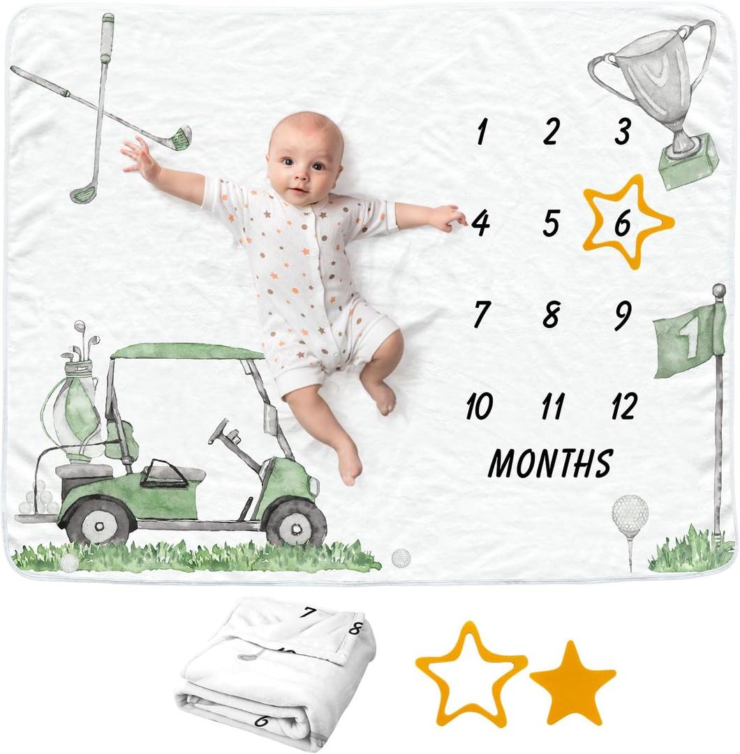 Golf Baby Monthly Blanket for Newborn Girls and Boys, Sport Newborn Month Blanket, Soft Flannel Photography Background Prop, Personalized Shower Gift, Golf