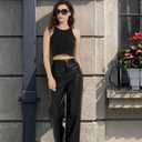 Women's Black Leather Pants - High Waist Faux Leather Straight Leg Bell Bottom Flare Pants (Black)