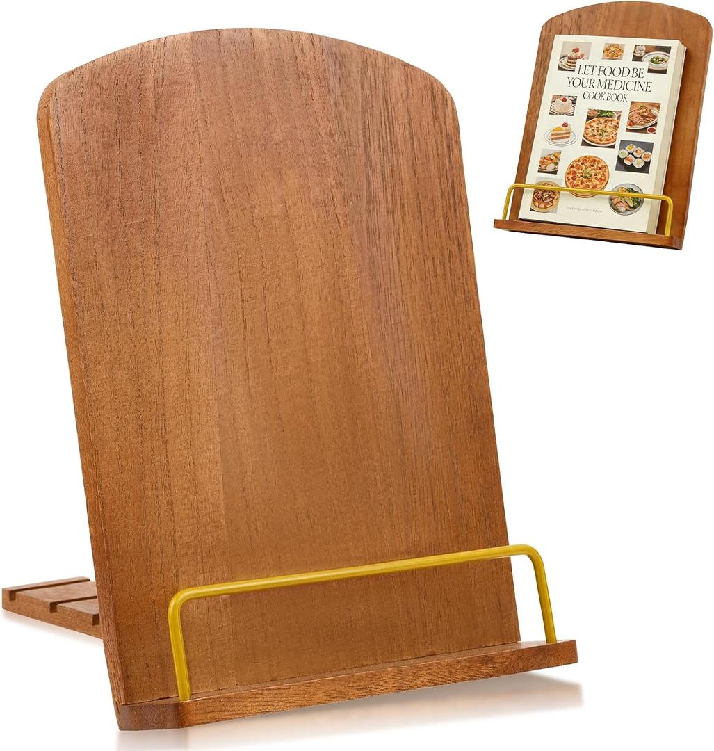 Cookbook Stand for Kitchen Counter, Adjustable Wooden Foldable Recipe Book Holder for Hands-Free Cooking, Fits Books & Tablets