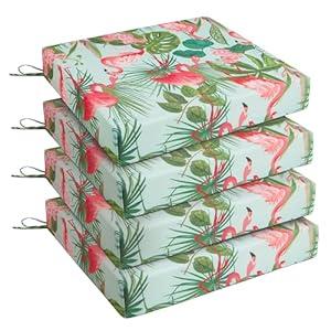 UNIKOME Outdoor Chair Cushions Pack of 4, Water Resistant Patio Cushions with Ties, High Density Sponge Filling Square Corner Seat Cushions for Outdoor Furniture, 18.5"*16"*3", Flamingos