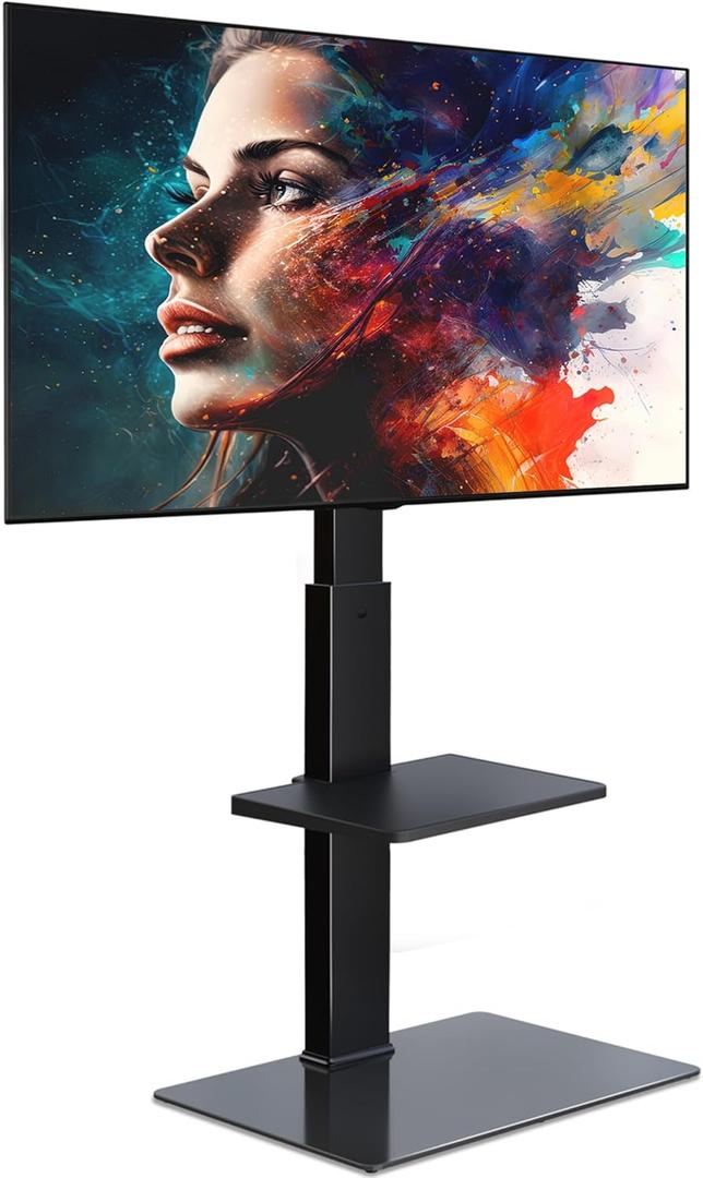 FITUEYES Swivel Floor TV Stand with Mount for TVs 37 43 50 55 60 65 70 75 Inch LCD LED Flat/Curved Screens Universal Swivel Televisions TV Mount Stand for Bedroom Living Room Black Tempered Glass Base