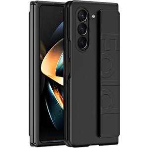 for Samsung Galaxy Z Fold 6 Case with Wrist Strap, Luxury Hard PC + PU Leather with Finger Wristband Shockproof Protective Case Cover for Samsung Galaxy Z Fold6.Wristband Black