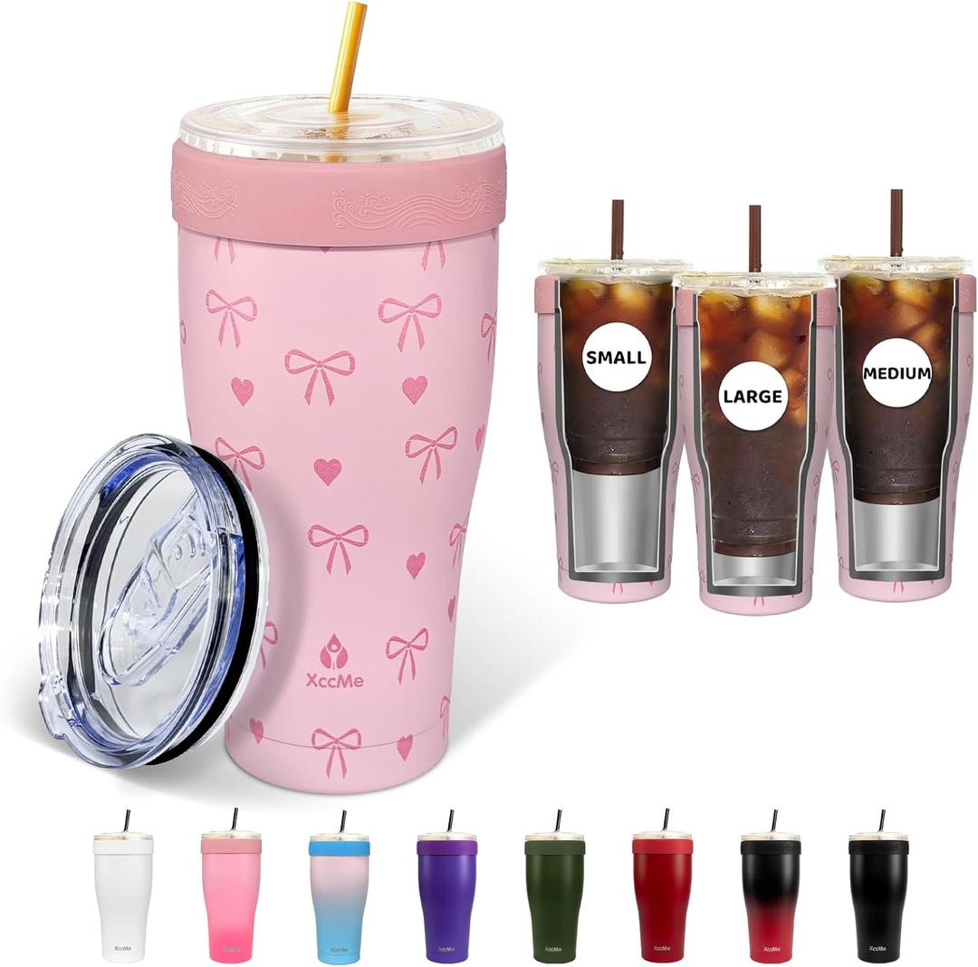 Universal Iced Coffee Sleeve,Double Wall Stainless Steel Insulator Fits 16-32oz Starbucks/Dunkin/McDonalds Cups,Pink Bow Reusable Iced Coffee Cup Holder,Leak-Proof Tumbler for Cold Drink