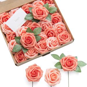 Ling's moment Artificial Flowers 25Pcs Deep Coral Roses Decor w/Stems,3" Real Touch DIY Foam Floral for Wedding Bouquet/Centerpieces, Outdoors Party Backdrop, Room/Table, and Garden/Pot Decorations (Pk- Coral & Peach Pearl)