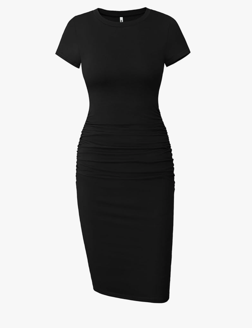Missufe Women's Short Sleeve Ruched Casual Sundress Midi Bodycon T Shirt Dress, Size M