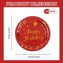 50 Pack Happy Birthday Red and Gold Paper Plates, 7 inch Metallic Foil Polka Dots Disposable Dessert Party Supplies for Graduation Wedding Holiday Christma Party Decorations