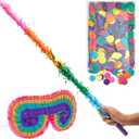 BLUE PANDA 30-Inch Rainbow Pinata Stick with Rainbow Blindfold and Colorful Confetti - Pinata Bat for Birthday Party Supply