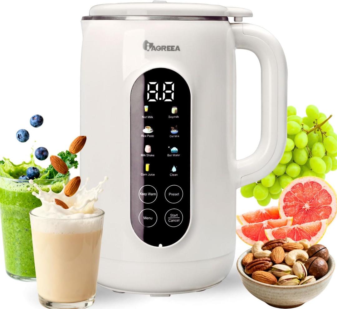IAGREEA 35oz Nut Milk Maker Machine 304 Stainless Steel Lid BPA Free, 10-in-1 Soy Milk Maker for Homemade Milkshake/Nut/Oat/Plant-Based Drink, 10 Blades Blenders with Delay Start/Boil Water/Self Clean