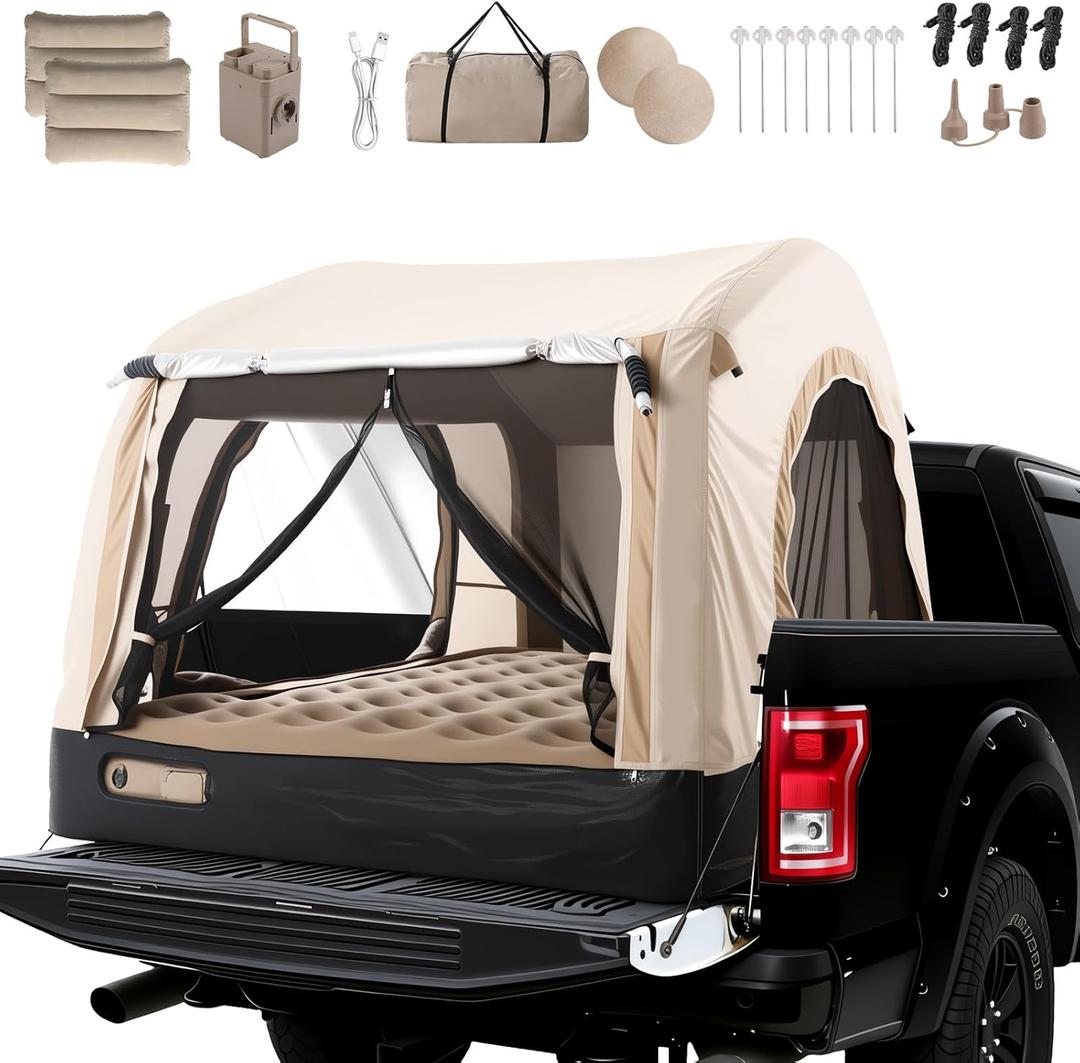 Inflatable Truck Bed Tent & Air Mattress with Built-in Pump and Pillows, Waterproof PU2000mm Air Mattress Pickup Inflatable Trcuks Tent for Road Trip Camping Outdoor Travel